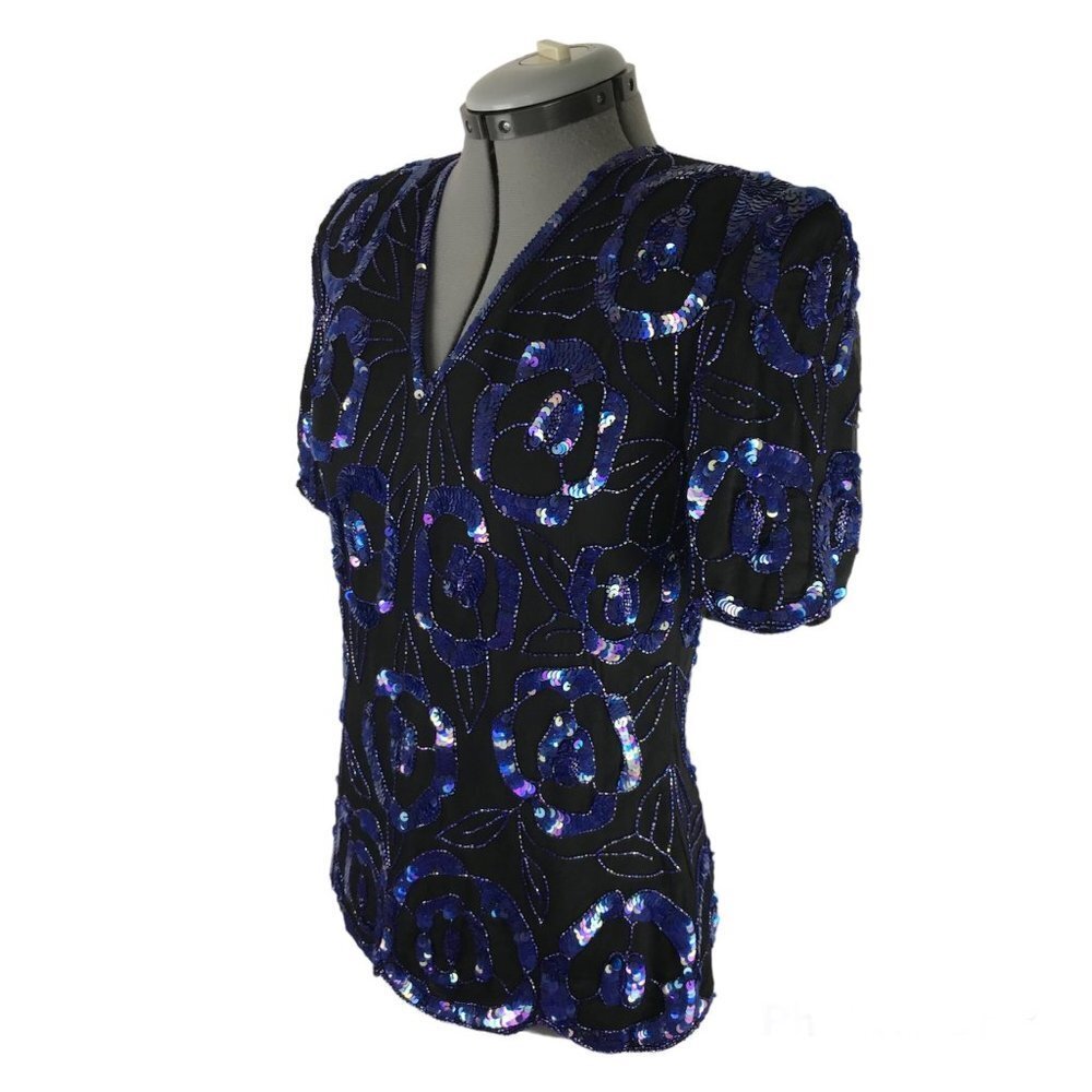 Vintage 80’s “Laurence Kazar” New York sparkly black & blue top, marked a size S